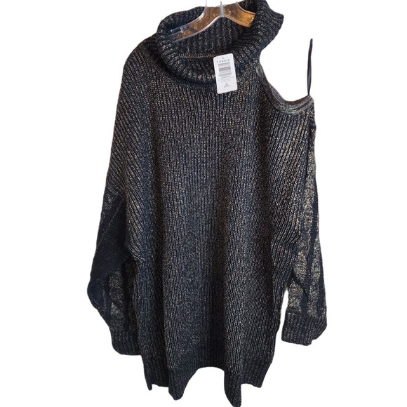 Torrid Lurex Cable Pullover Cold Shoulder Turtle Neck Sweater, NWT, 3X - Picture 2 of 8
